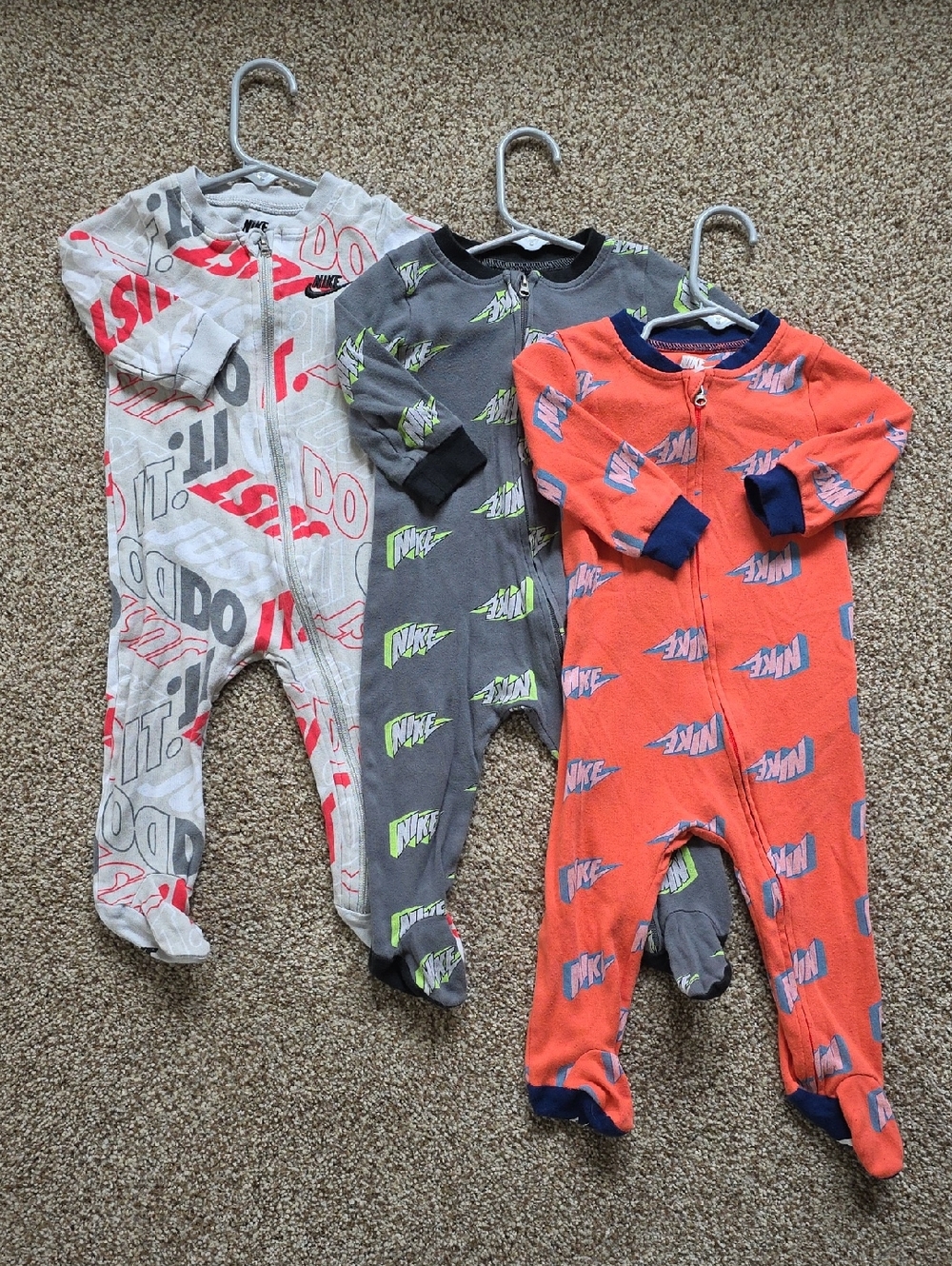 Nike Baby Footed Onesies in Orange, Gray & White 9 Months